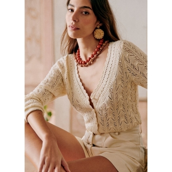 Sezane Sweaters - Sezane Saja Crochet Knit V-Neck Cardigan in Cream 024500